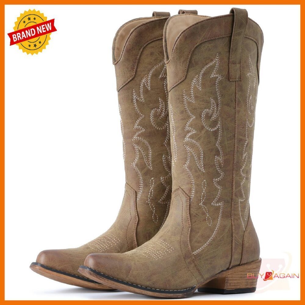 Mid Calf Cowboy Boots Women's Snip Toe Embroidery Western Fashion